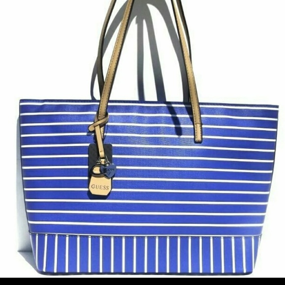 blue and white striped tote bag